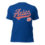 Aries zodiac sports graphic t-shirt, blue with red ink, unisex athletic astrology apparel, front flat lay