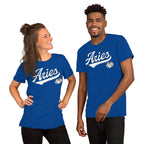 Two people wearing blue t-shirts with 'Aries' text on a white background