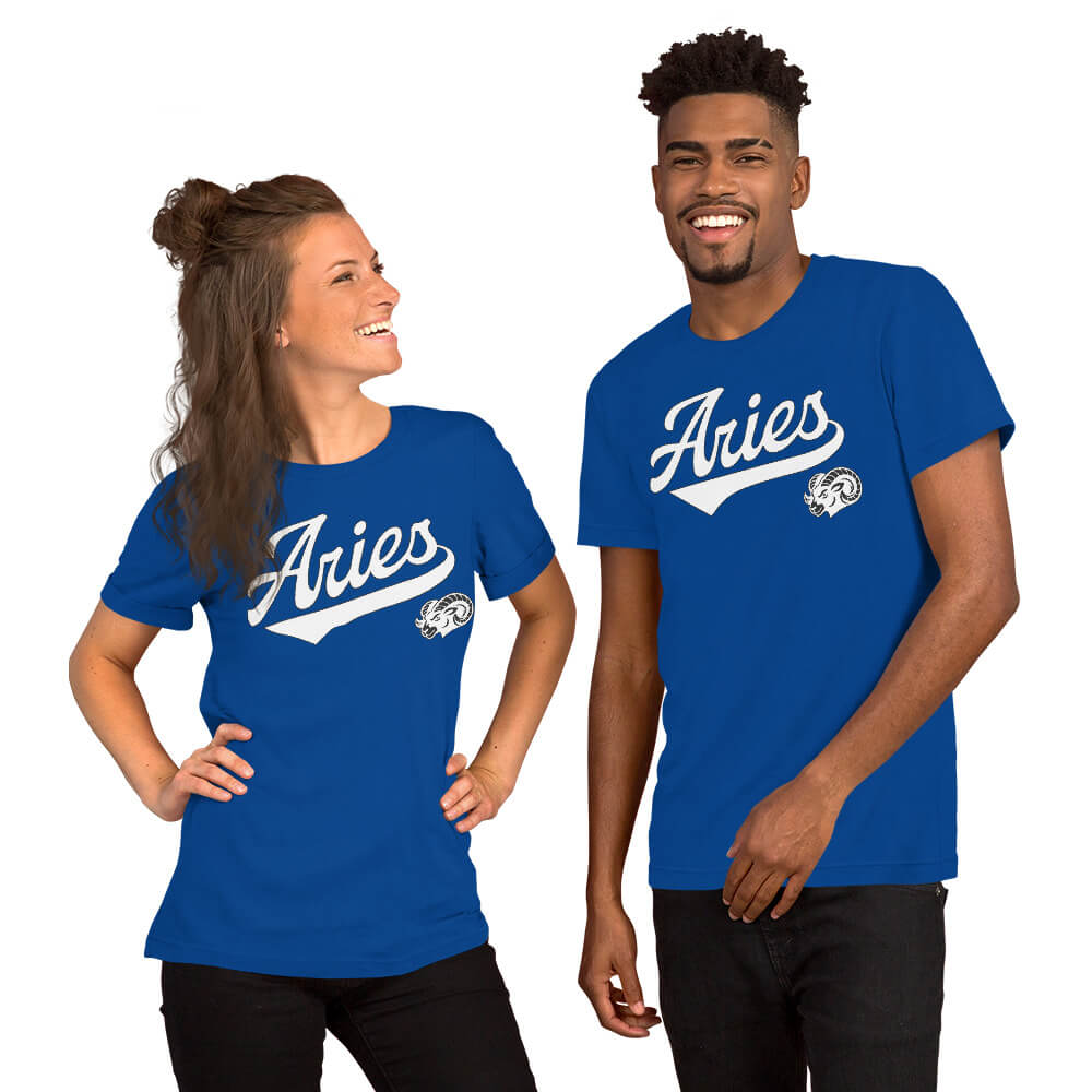 Two people wearing blue t-shirts with 'Aries' text on a white background