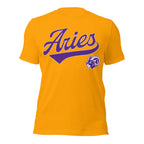 Aries zodiac sports graphic t-shirt, gold with purple ink, unisex athletic astrology apparel, front flat lay
