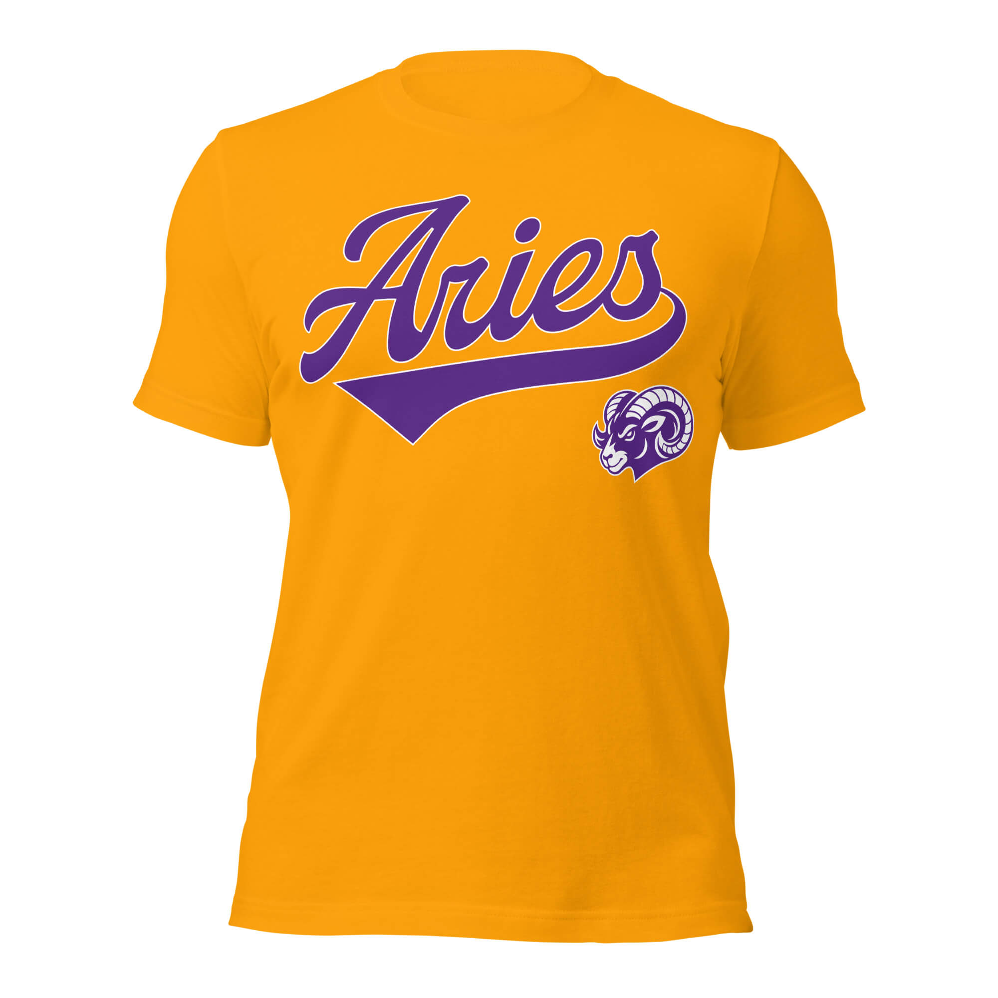 Aries zodiac sports graphic t-shirt, gold with purple ink, unisex athletic astrology apparel, front flat lay