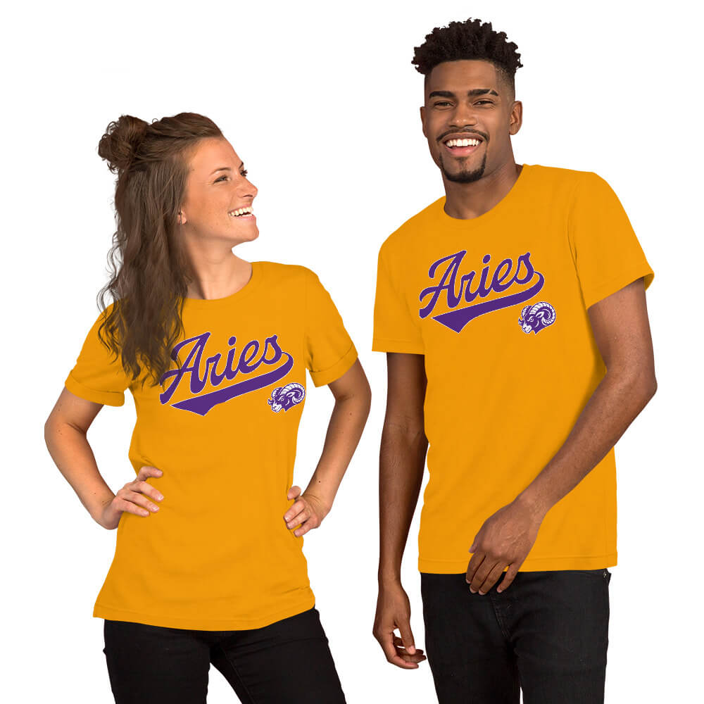 Two people wearing gold t-shirts with an Aries logo on a white background