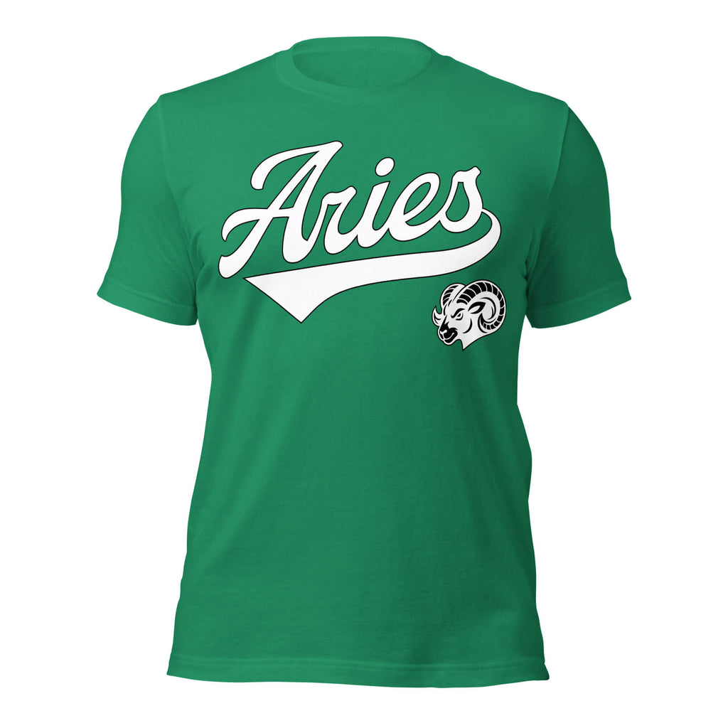 Aries zodiac sports graphic t-shirt, green with white ink, unisex athletic astrology apparel, front flat lay