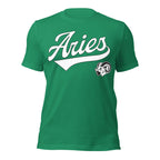 Aries zodiac sports graphic t-shirt, green with white ink, unisex athletic astrology apparel, front flat lay