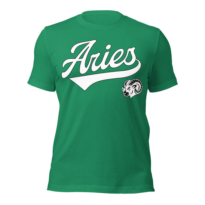 Aries zodiac sports graphic t-shirt, green with white ink, unisex athletic astrology apparel, front flat lay