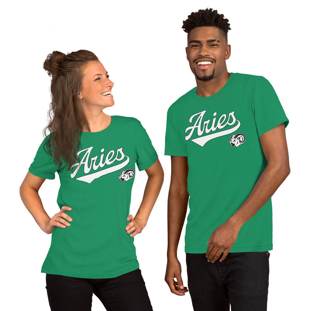 Two people wearing green t-shirts with 'Aries' text on a white background