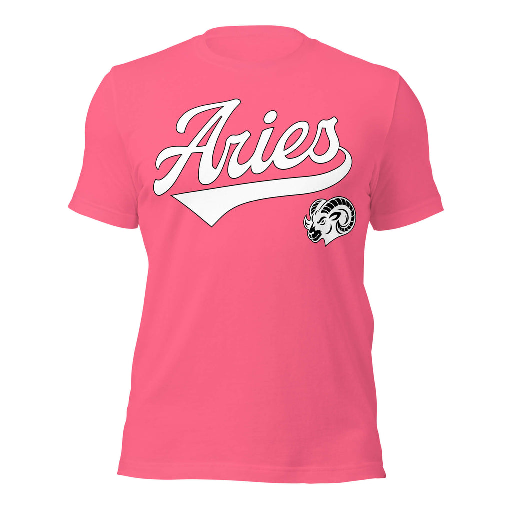 Aries zodiac sports graphic t-shirt, pink with white ink, unisex athletic astrology apparel, front flat lay
