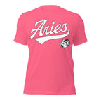 Aries zodiac sports graphic t-shirt, pink with white ink, unisex athletic astrology apparel, front flat lay