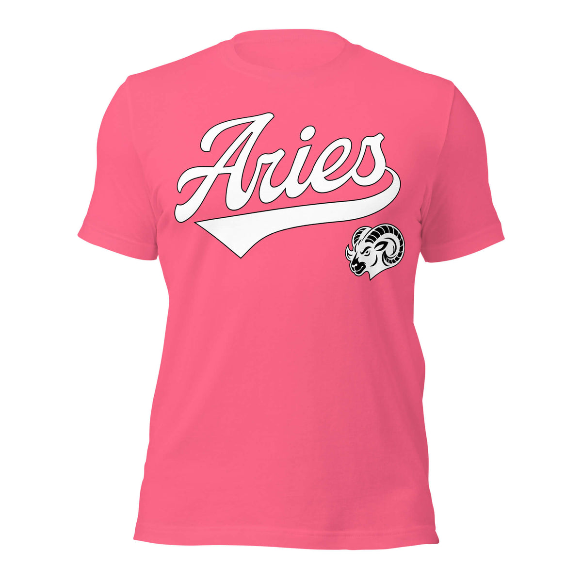 Aries zodiac sports graphic t-shirt, pink with white ink, unisex athletic astrology apparel, front flat lay
