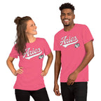 Two people wearing pink t-shirts with an Aries logo and text on a white background