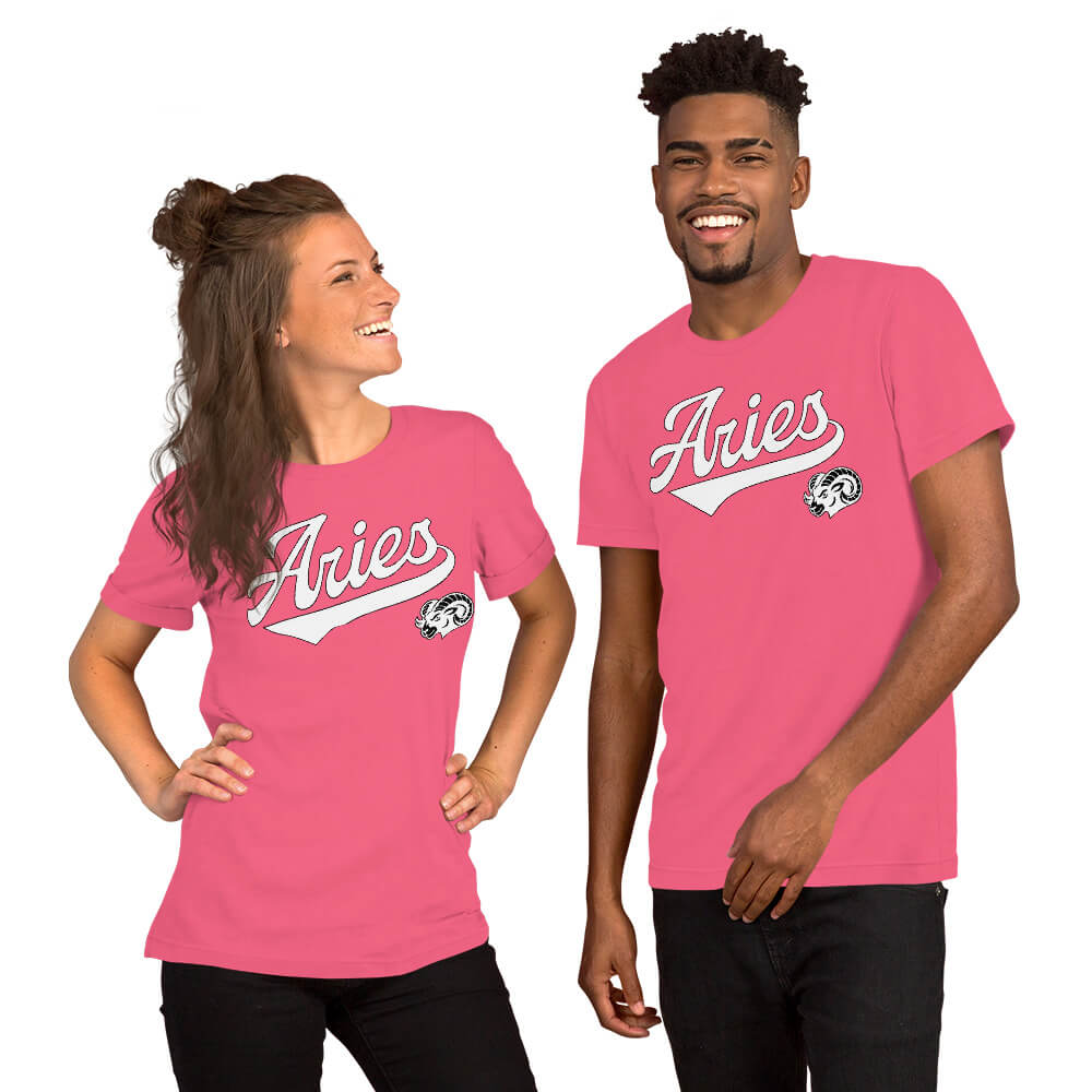 Two people wearing pink t-shirts with an Aries logo and text on a white background
