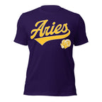 Aries zodiac sports graphic t-shirt, purple with gold ink, unisex athletic astrology apparel, front flat lay