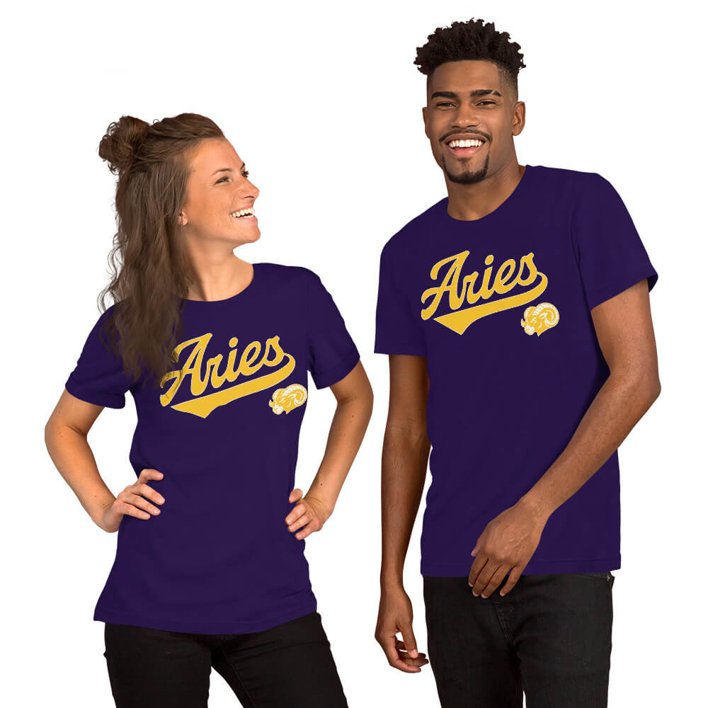 A man and a woman modeling matching purple t-shirts with a colorful retro-style 'Aries' graphic on the chest, set against a plain white background.