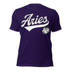 Aries zodiac sports graphic t-shirt, purple with white ink, unisex athletic astrology apparel, front flat lay