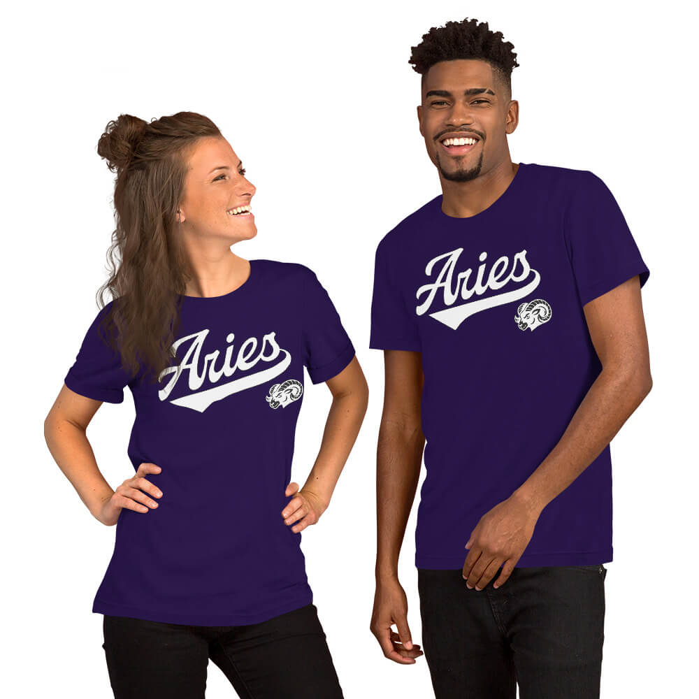 Two people wearing purple blue t-shirts with a colorful Aries design on a white background