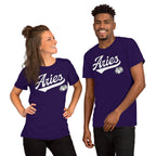 Two people wearing purple blue t-shirts with a colorful Aries design on a white background