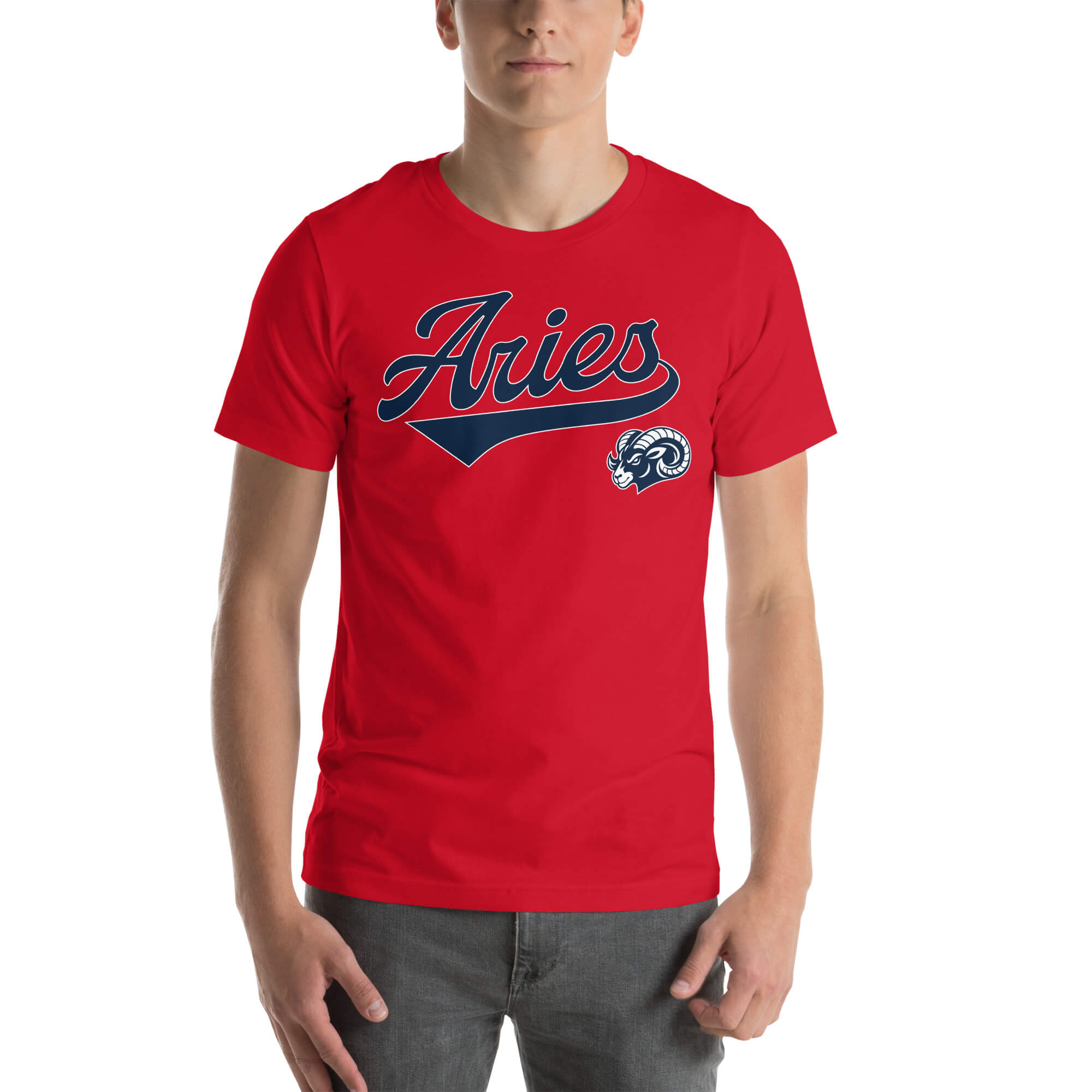 A man wearing a bright red short-sleeve t-shirt with 'Aries' in navy blue script across the chest, accompanied by a small ram mascot logo on the lower right chest, set against a plain white background.