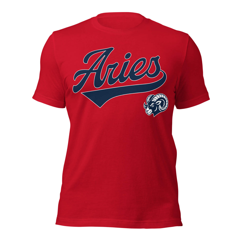Aries zodiac sports graphic t-shirt, red with blue ink, unisex athletic astrology apparel, front flat lay