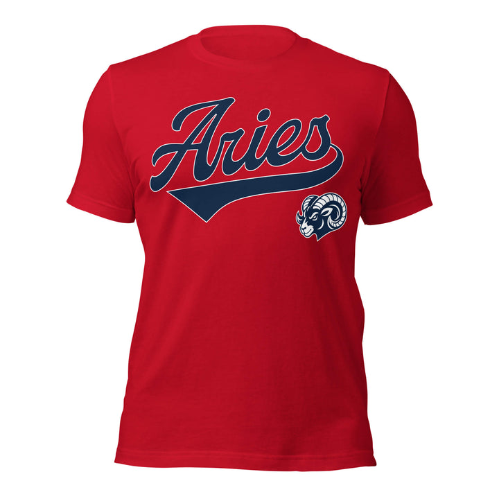 Aries zodiac sports graphic t-shirt, red with blue ink, unisex athletic astrology apparel, front flat lay