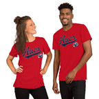 Two people wearing red t-shirts with an Aries sports team logo on a white background