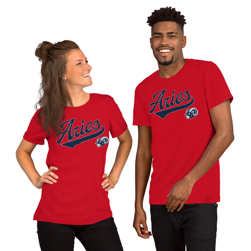 Two people wearing red t-shirts with an Aries sports team logo on a white background