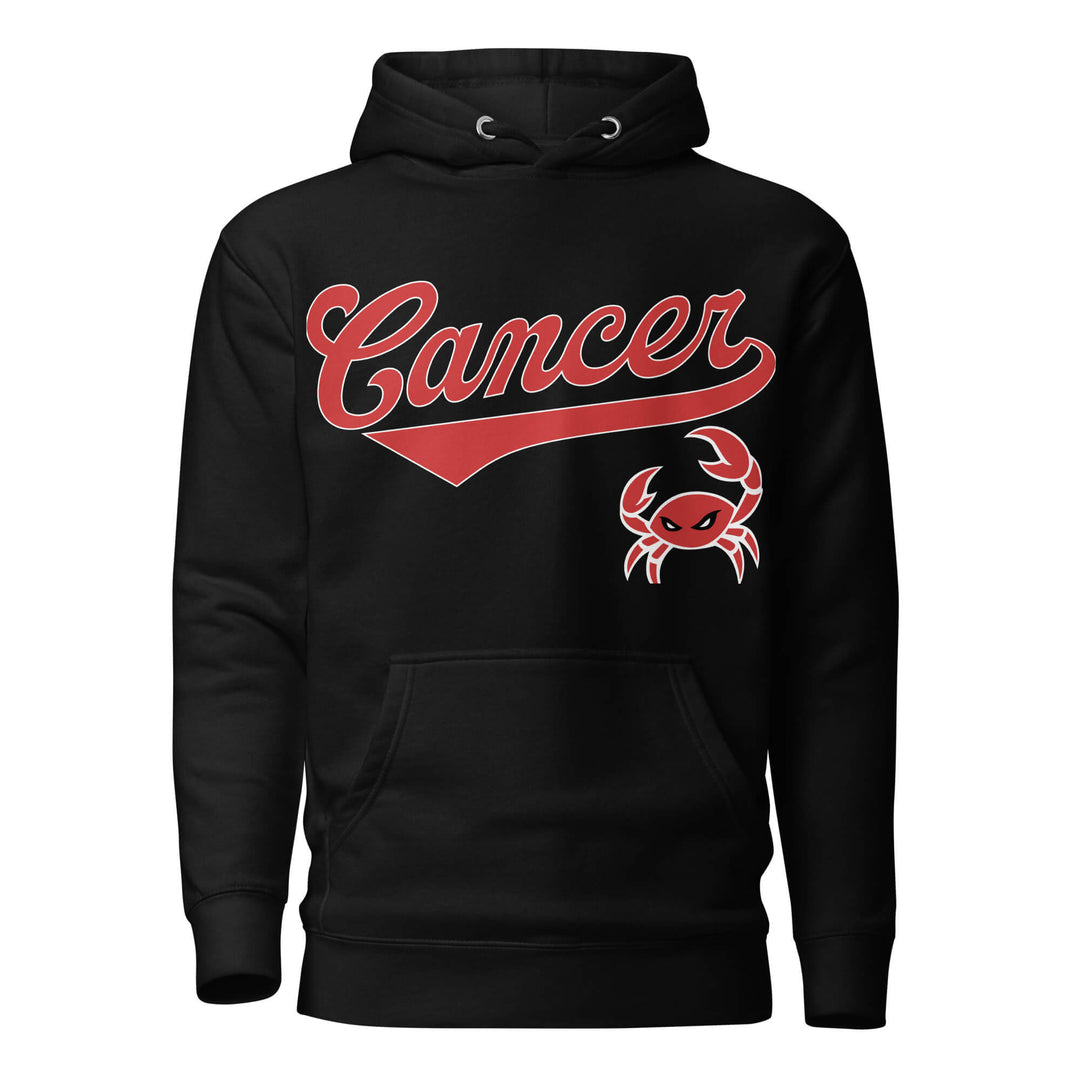 Cancer zodiac sports graphic hoodie, black with red ink, unisex athletic astrology apparel, front flat lay