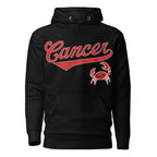 Cancer zodiac sports graphic hoodie, black with red ink, unisex athletic astrology apparel, front flat lay