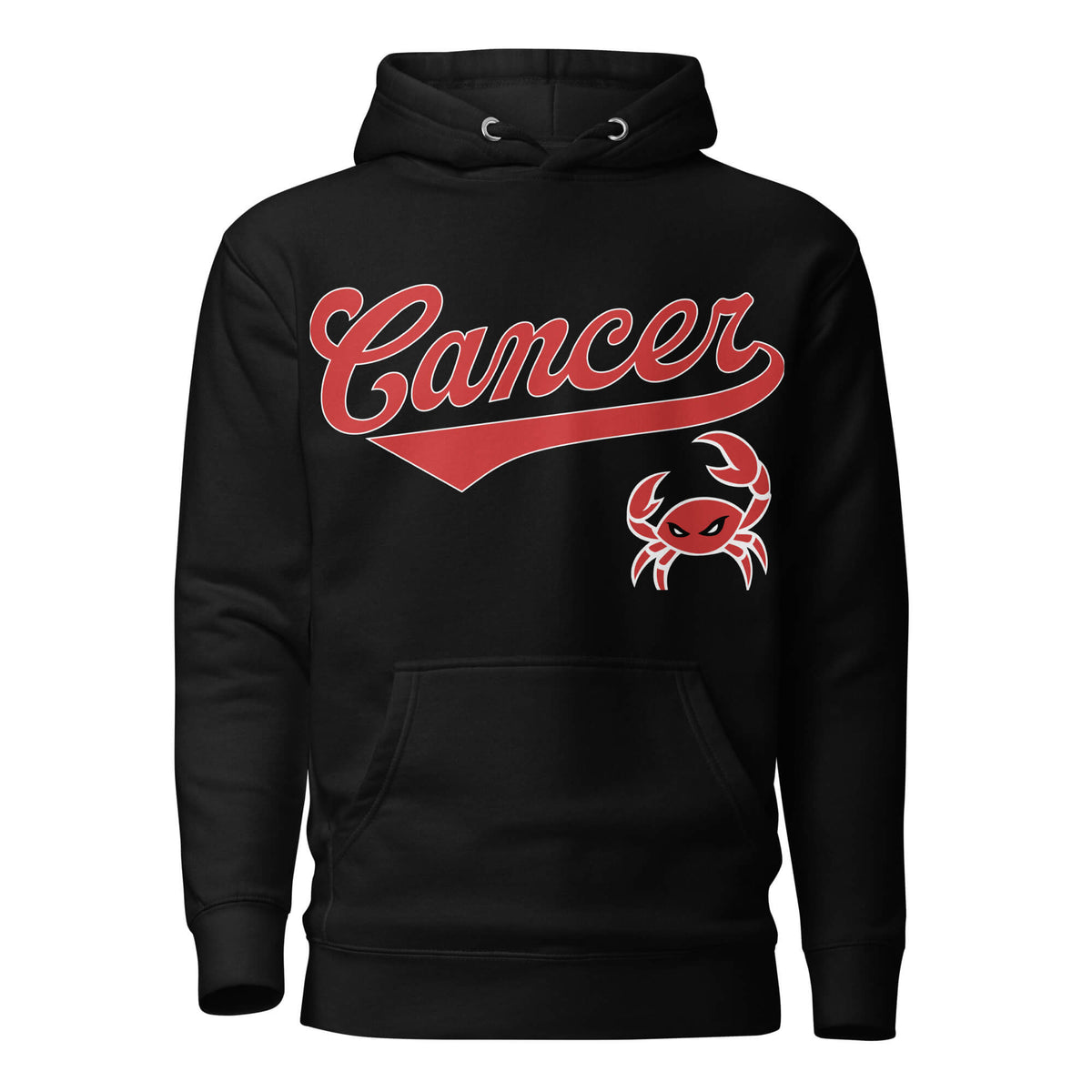 Cancer zodiac sports graphic hoodie, black with red ink, unisex athletic astrology apparel, front flat lay