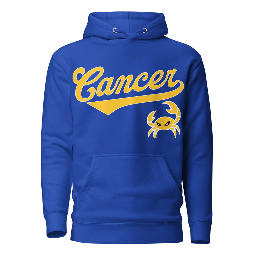 Cancer zodiac sports graphic hoodie, blue with gold ink, unisex athletic astrology apparel, front flat lay