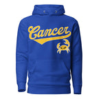 Cancer zodiac sports graphic hoodie, blue with gold ink, unisex athletic astrology apparel, front flat lay