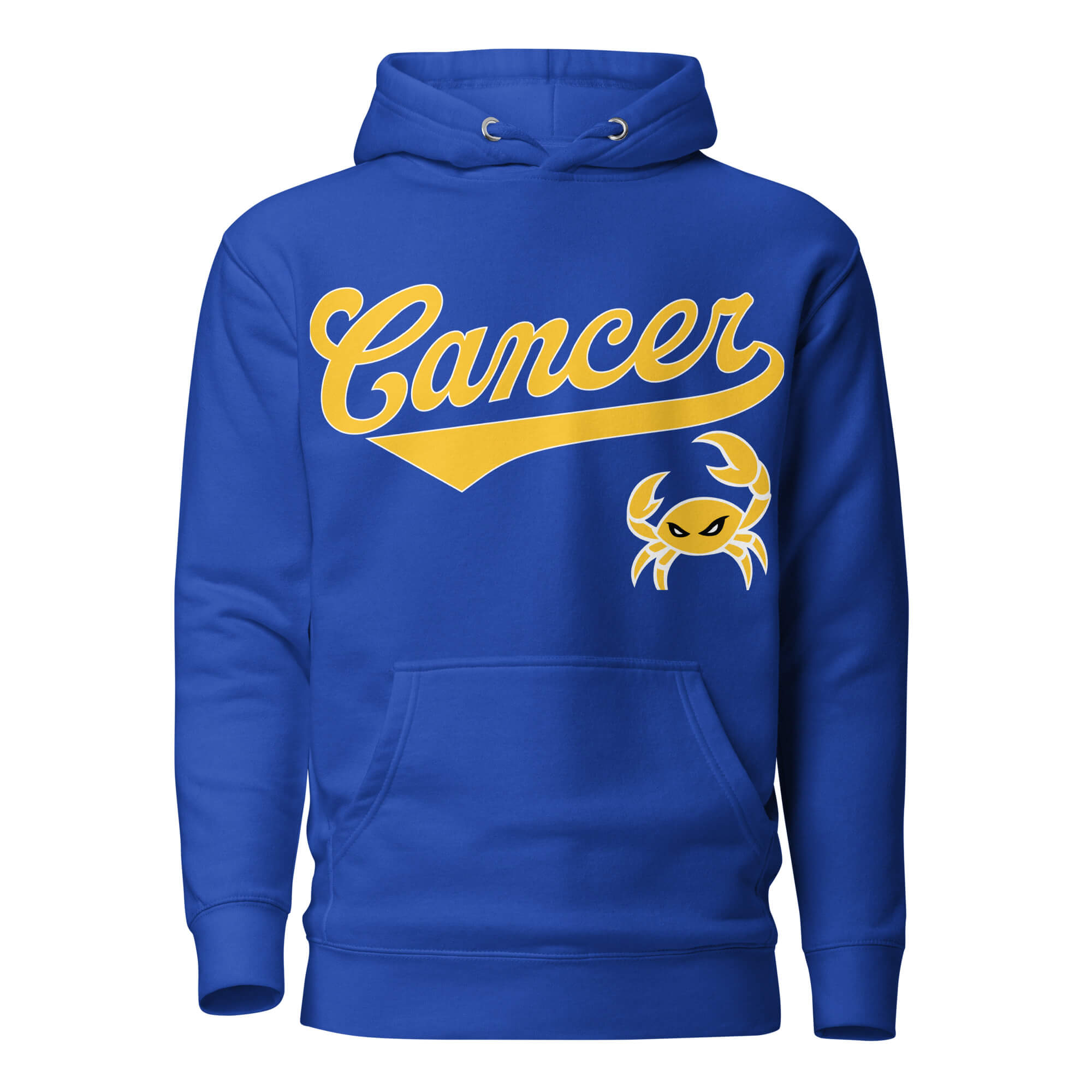 Cancer zodiac sports graphic hoodie, blue with gold ink, unisex athletic astrology apparel, front flat lay