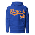 Cancer zodiac sports graphic hoodie, blue with orange ink, unisex athletic astrology apparel, front flat lay