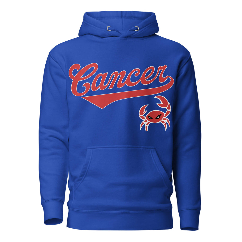 Cancer zodiac sports graphic hoodie, blue with red ink, unisex athletic astrology apparel, front flat lay