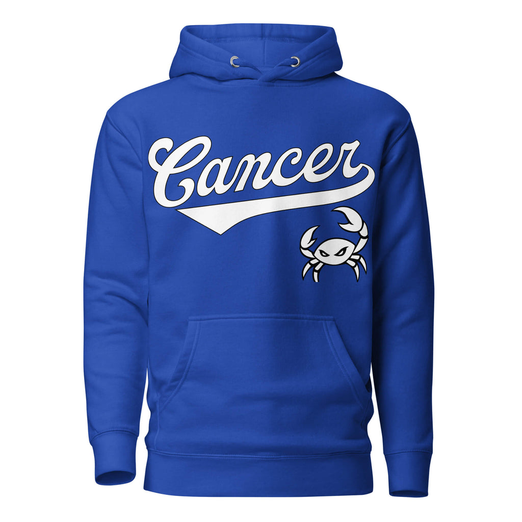 Cancer zodiac sports graphic hoodie, blue with white ink, unisex athletic astrology apparel, front flat lay