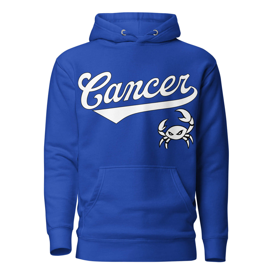 Cancer zodiac sports graphic hoodie, blue with white ink, unisex athletic astrology apparel, front flat lay