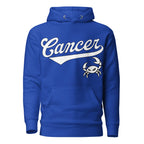 Cancer zodiac sports graphic hoodie, blue with white ink, unisex athletic astrology apparel, front flat lay