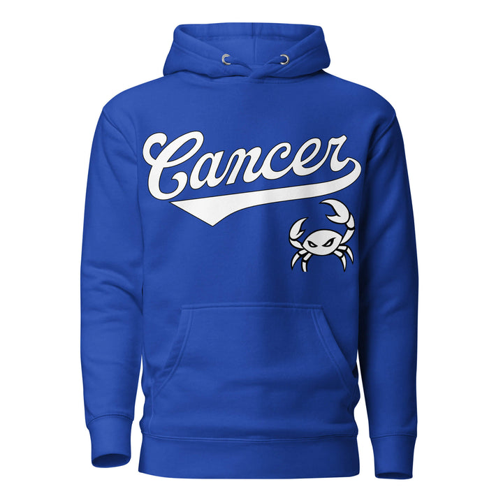 Cancer zodiac sports graphic hoodie, blue with white ink, unisex athletic astrology apparel, front flat lay