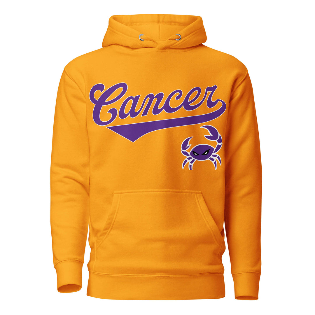 Cancer zodiac sports graphic hoodie, gold with purple ink, unisex athletic astrology apparel, front flat lay