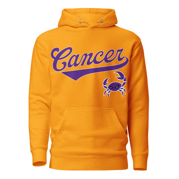 Cancer zodiac sports graphic hoodie, gold with purple ink, unisex athletic astrology apparel, front flat lay