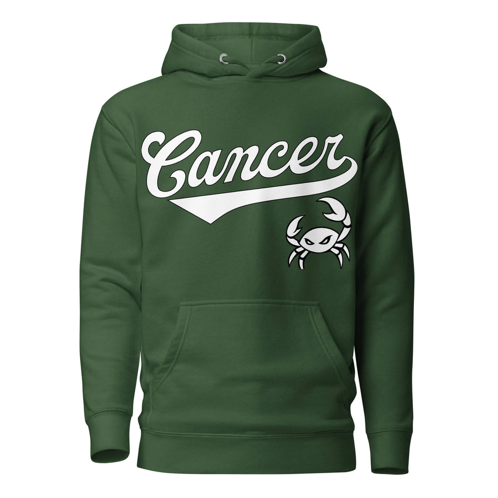 Cancer zodiac sports graphic hoodie, green with white ink, unisex athletic astrology apparel, front flat lay