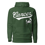Cancer zodiac sports graphic hoodie, green with white ink, unisex athletic astrology apparel, front flat lay