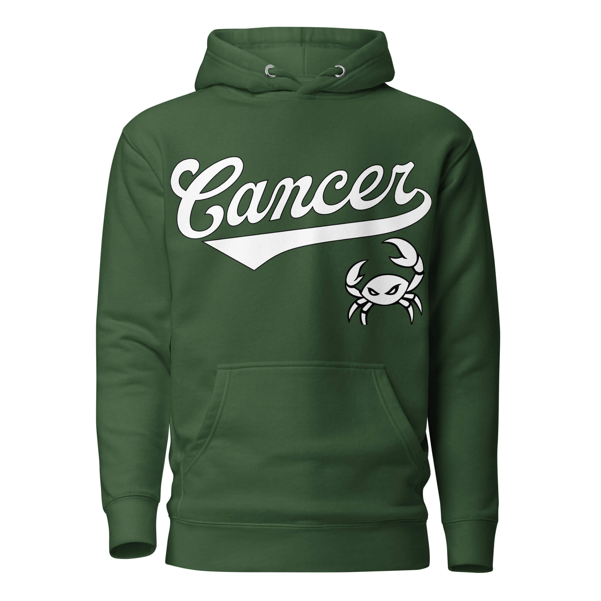 Cancer zodiac sports graphic hoodie, green with white ink, unisex athletic astrology apparel, front flat lay