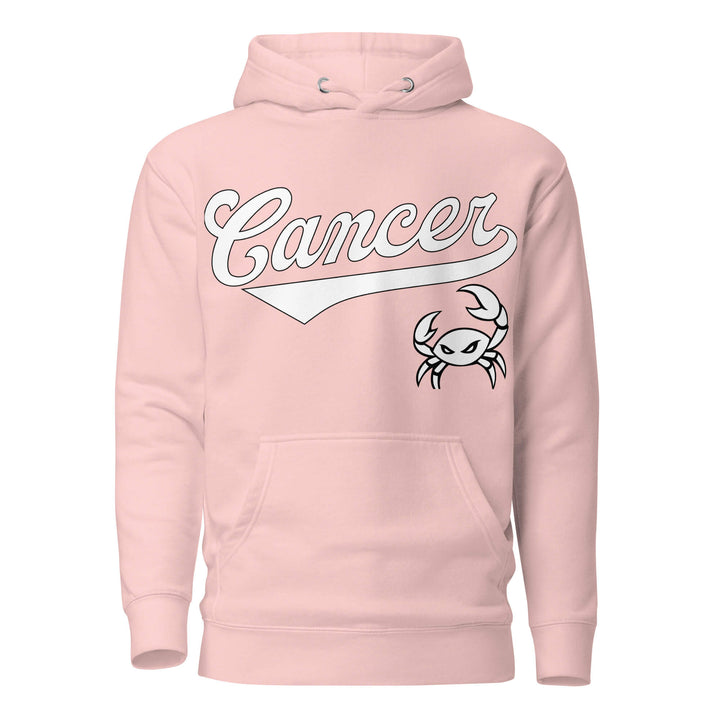 Cancer zodiac sports graphic hoodie, pink with white ink, unisex athletic astrology apparel, front flat lay