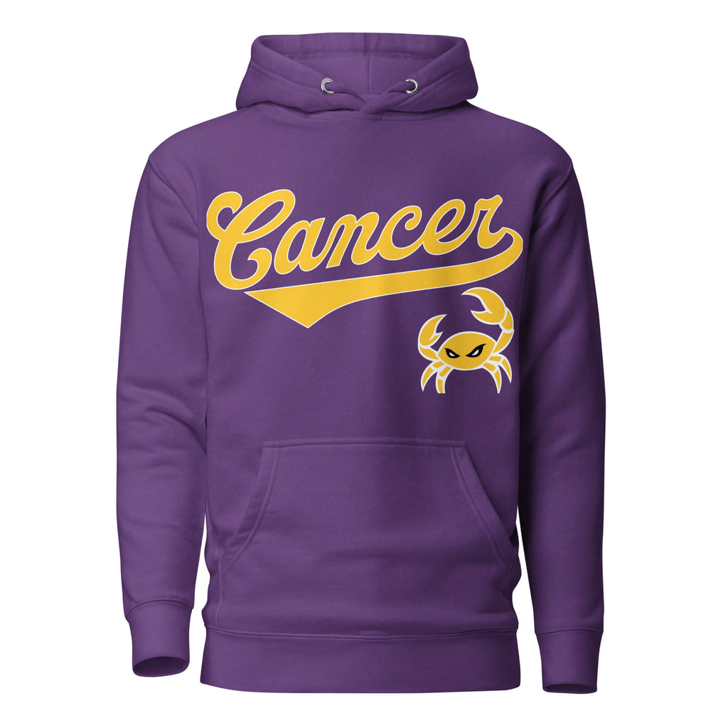 Cancer zodiac sports graphic hoodie, purple with gold ink, unisex athletic astrology apparel, front flat lay