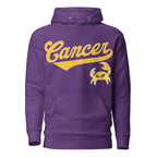 Cancer zodiac sports graphic hoodie, purple with gold ink, unisex athletic astrology apparel, front flat lay