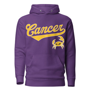 Cancer zodiac sports graphic hoodie, purple with gold ink, unisex athletic astrology apparel, front flat lay