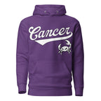 Cancer zodiac sports graphic hoodie, purple with white ink, unisex athletic astrology apparel, front flat lay
