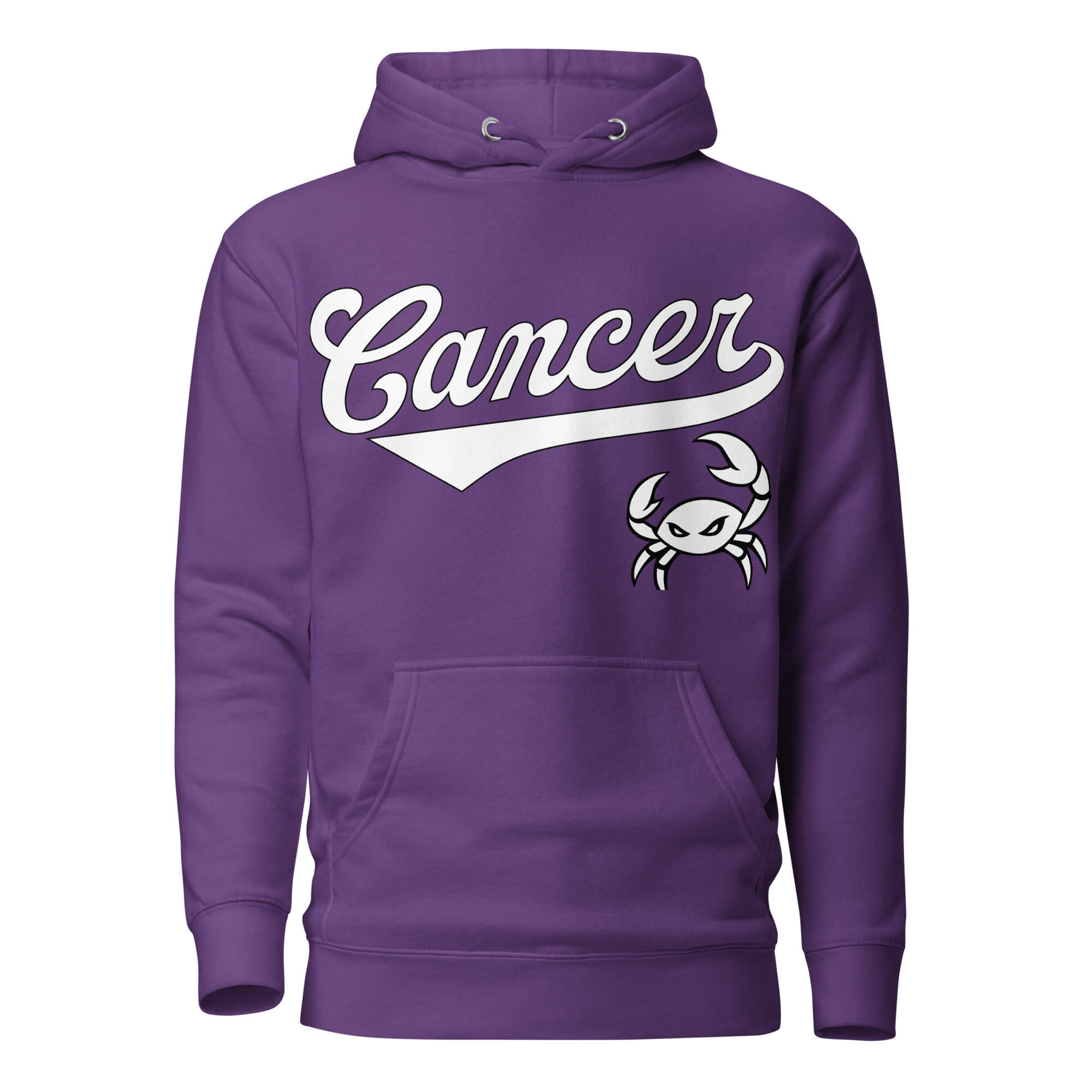 Cancer zodiac sports graphic hoodie, purple with white ink, unisex athletic astrology apparel, front flat lay
