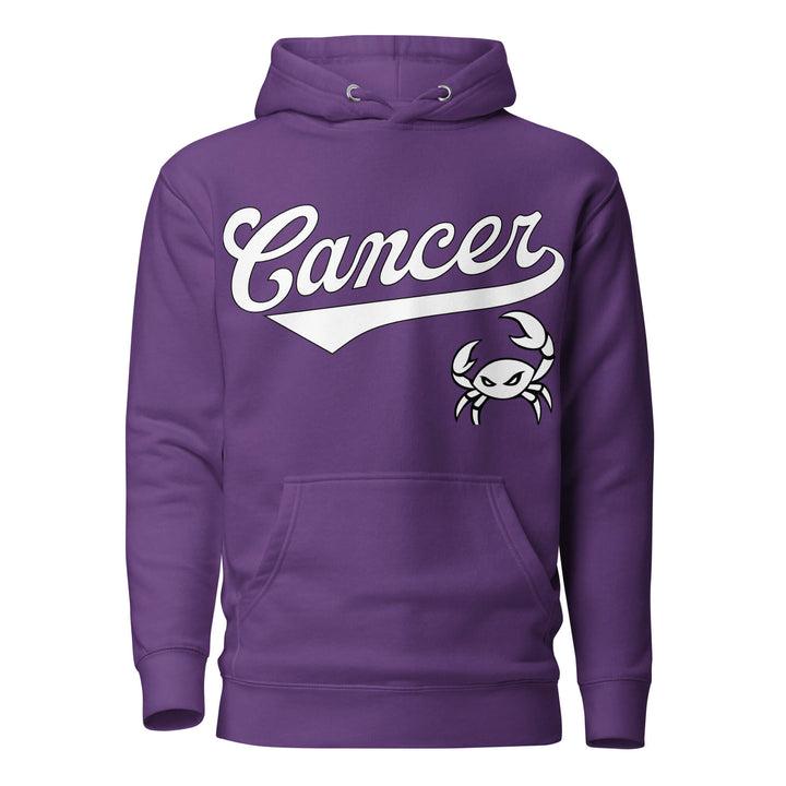 Cancer zodiac sports graphic hoodie, purple with white ink, unisex athletic astrology apparel, front flat lay