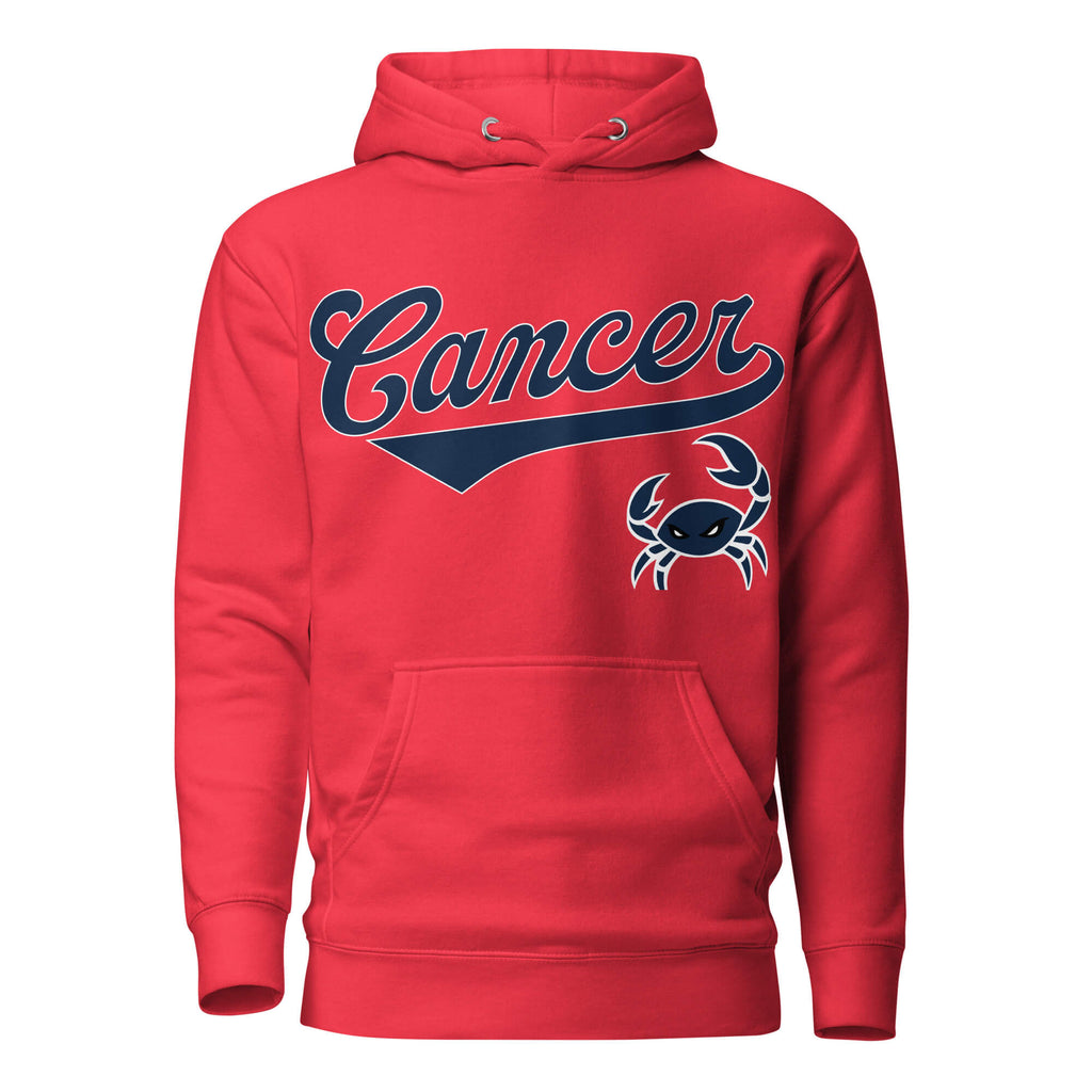 Cancer zodiac sports graphic hoodie, red with blue ink, unisex athletic astrology apparel, front flat lay